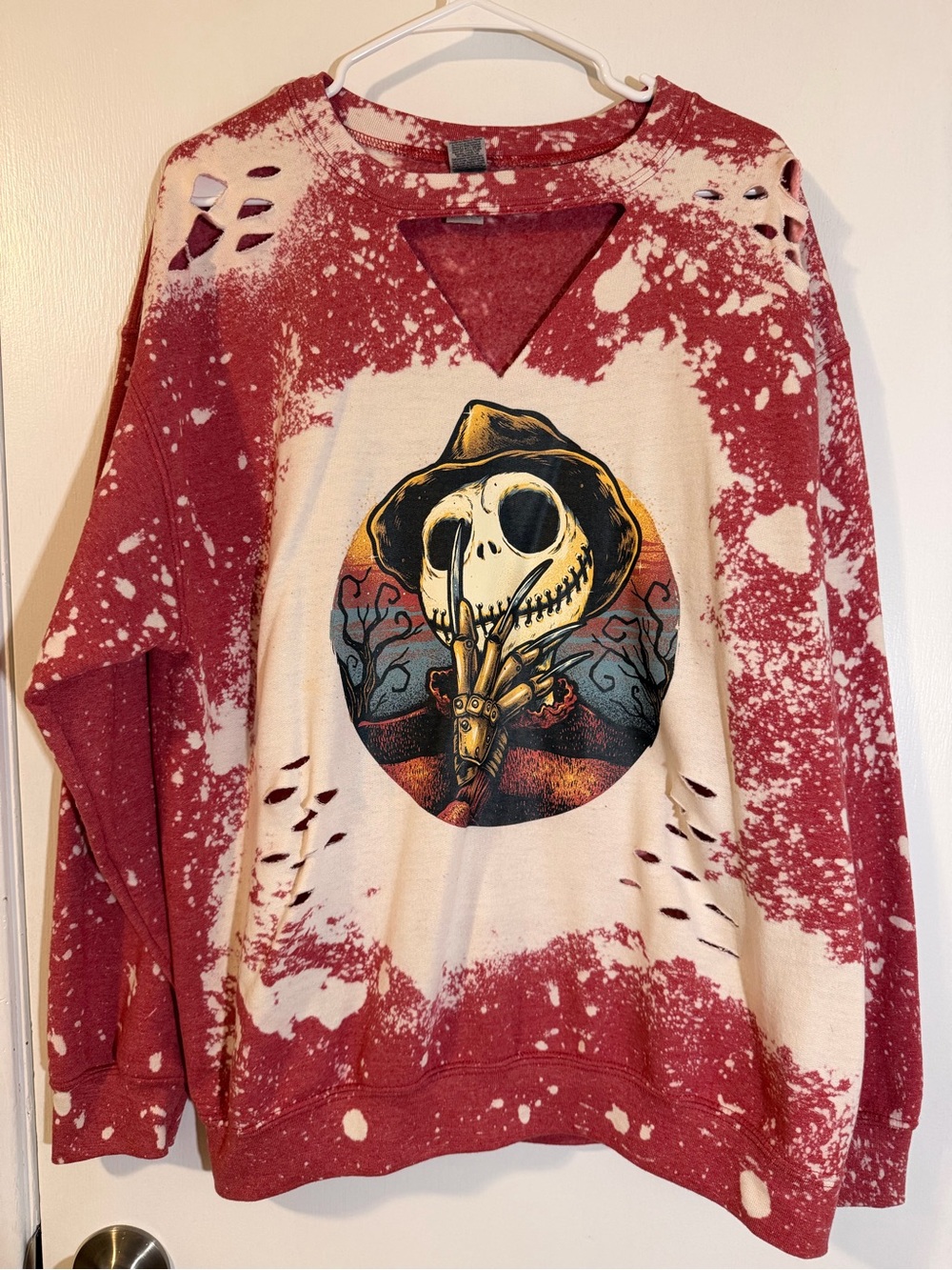 Distressed Graphic Bleach-Splatter Sweatshirt with Jack Skellington